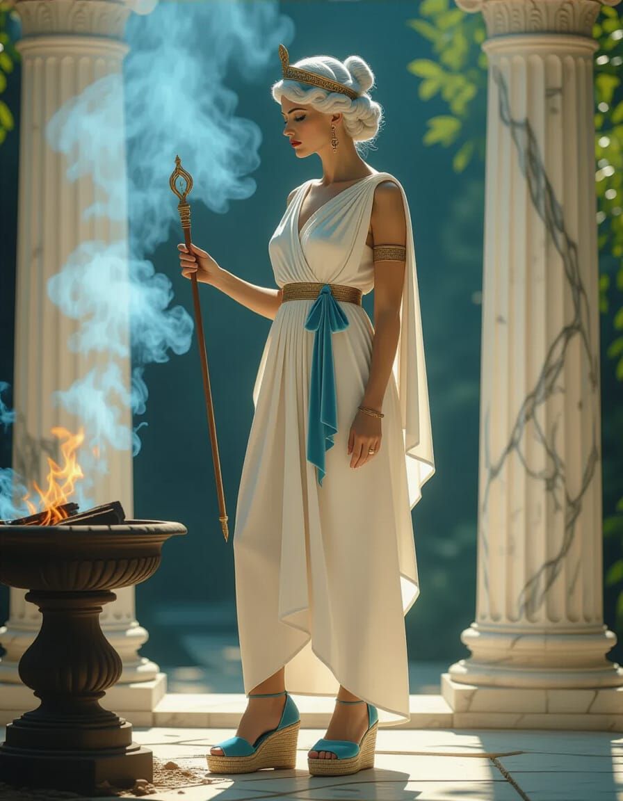 Aged Greek Goddess with Corinthian Columns in Hyperrealism