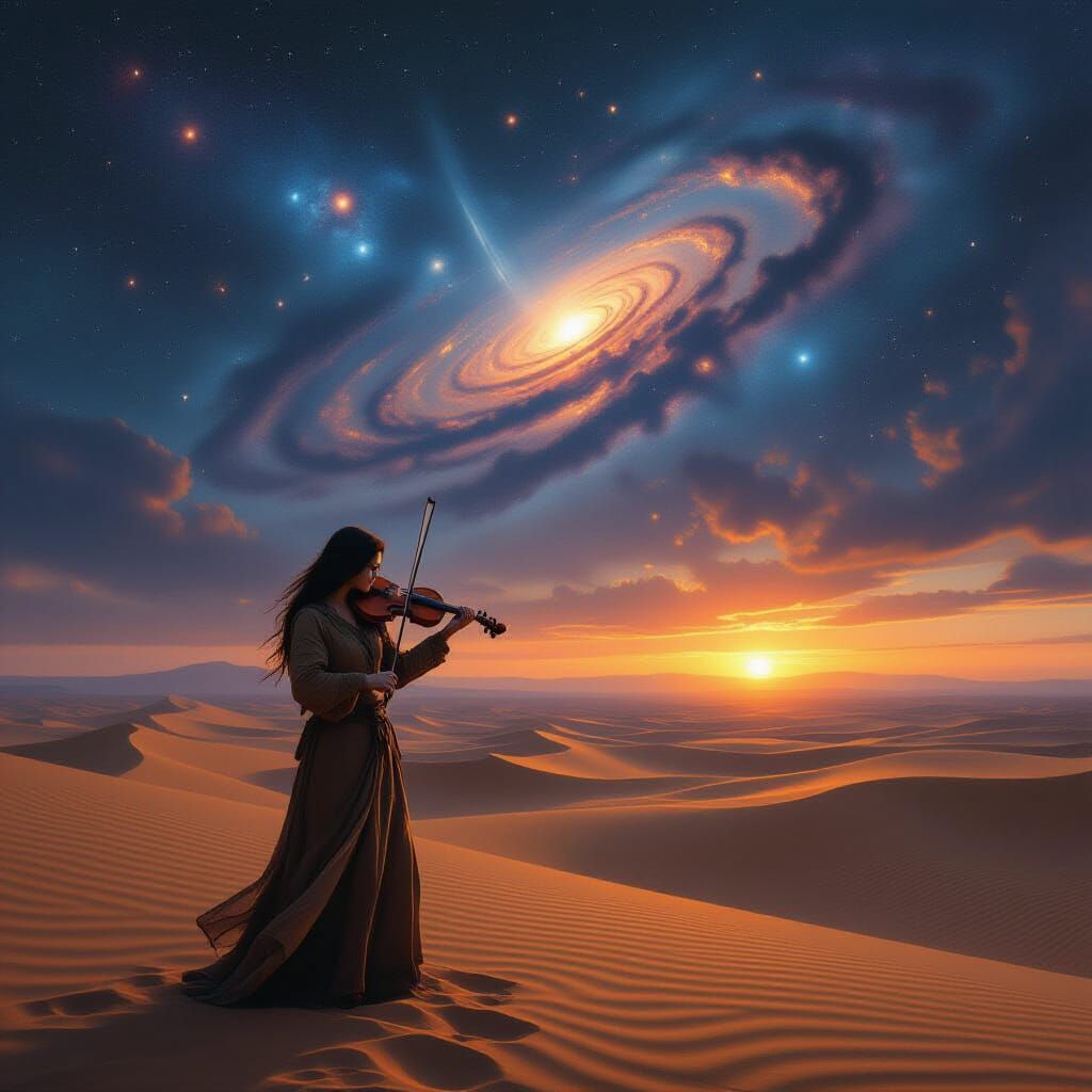 Desert Violinist at Twilight: Surreal Landscape