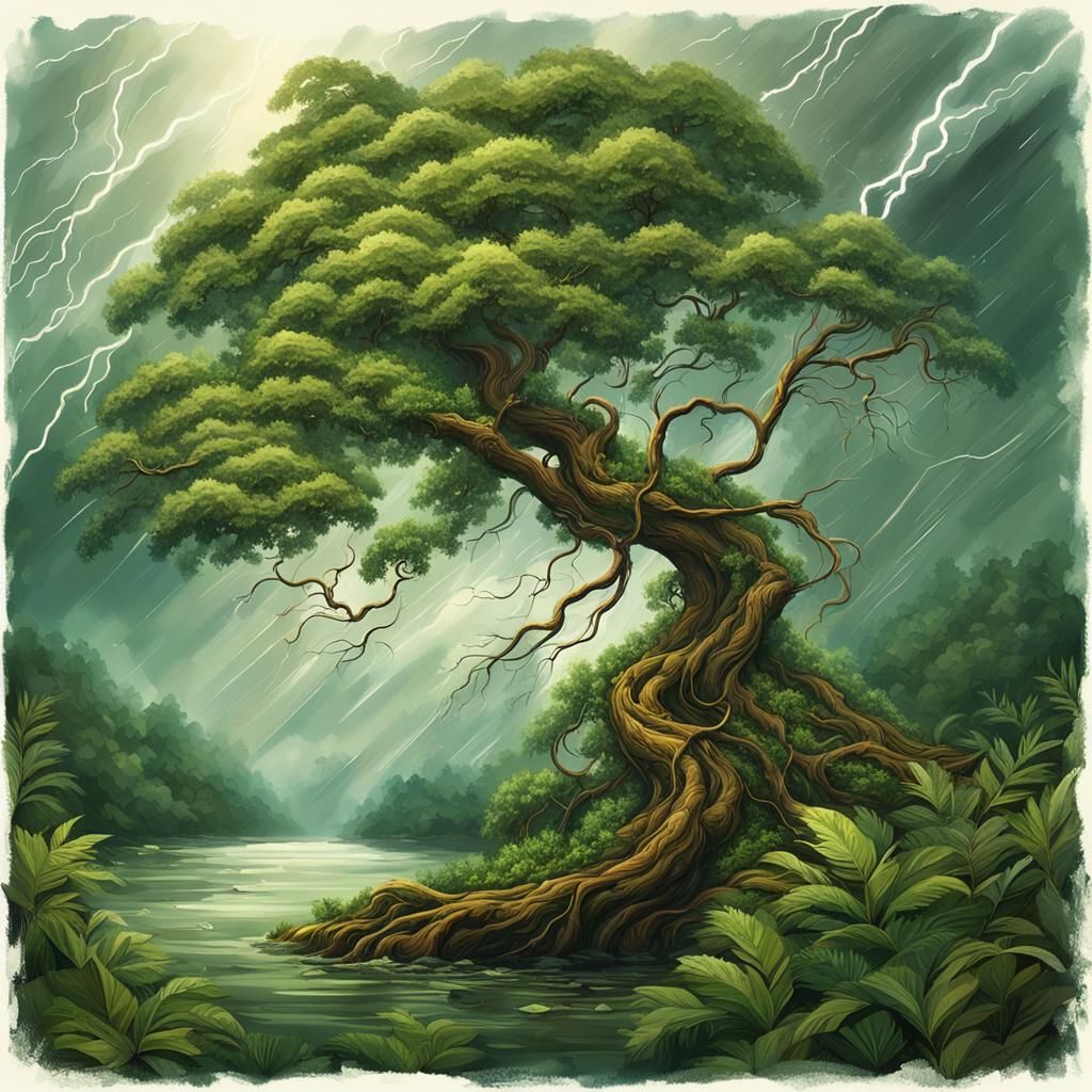 Tree Bending in Storm Over Amazon River