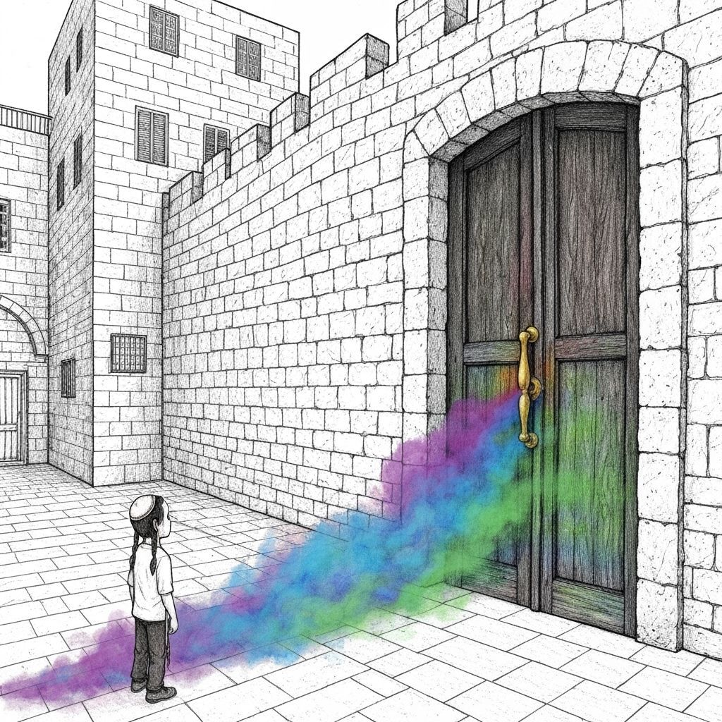 Jerusalem Street Scene with Glowing Door, Pencil Sketch