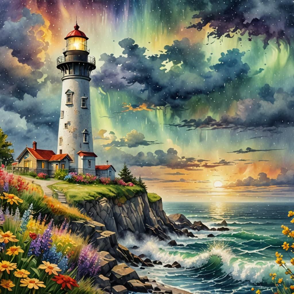 Hyperrealistic Lighthouse on Shore in Impressionist Style
