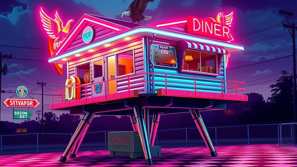 Neon Diner Birdhouse in Comic Book Style