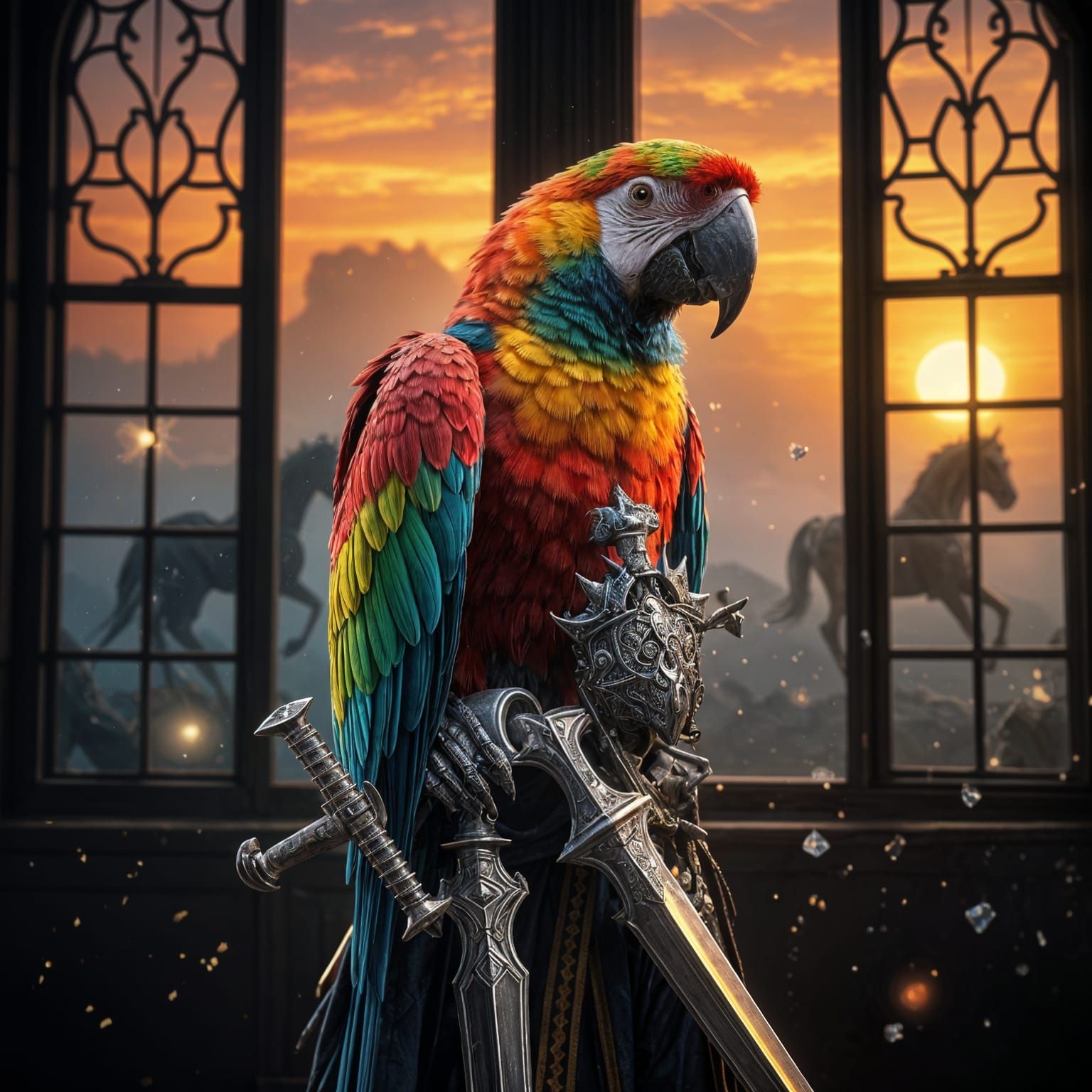 Vibrant Parrot Knight in Sunset Realm