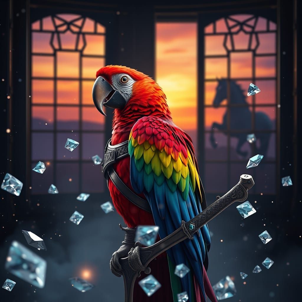 Vibrant Parrot Knight in Sunset Realm