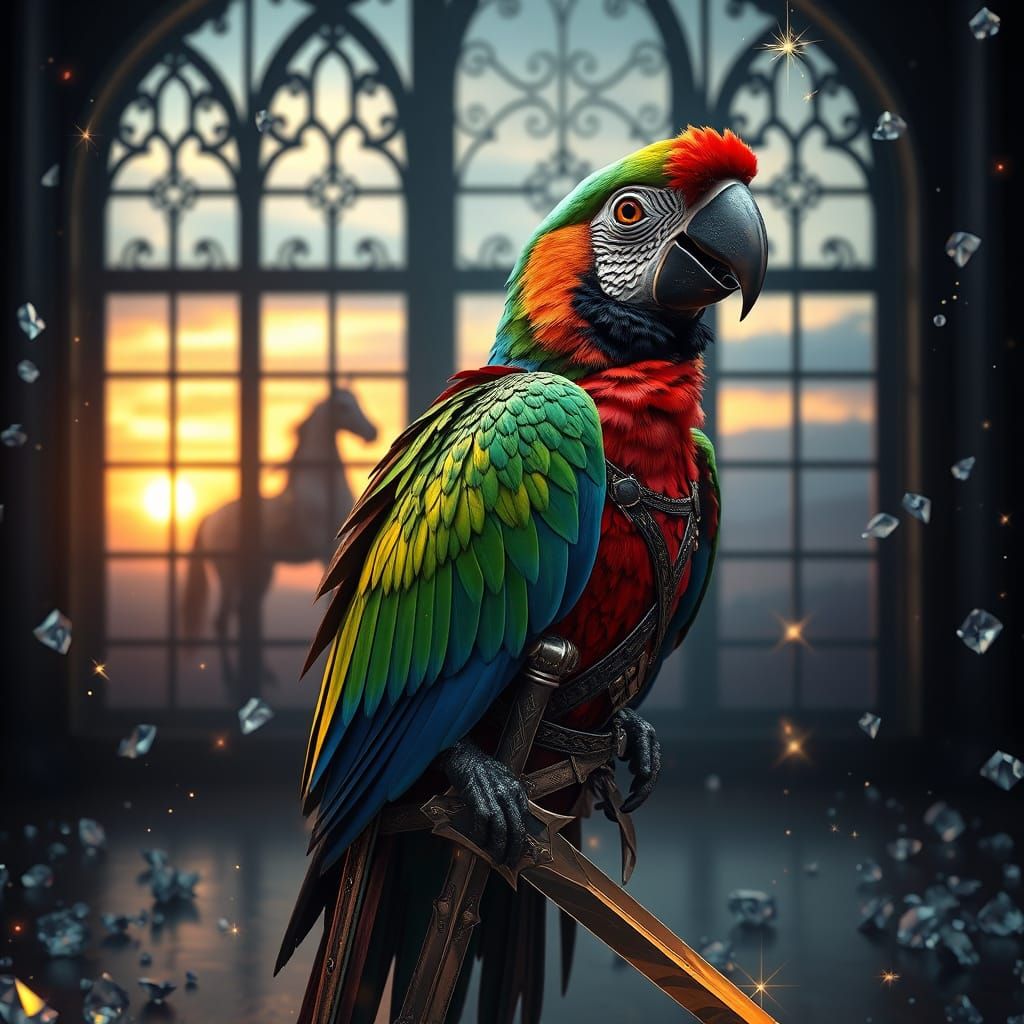 Vibrant Parrot Warrior Surrounded by Sunset and Magic