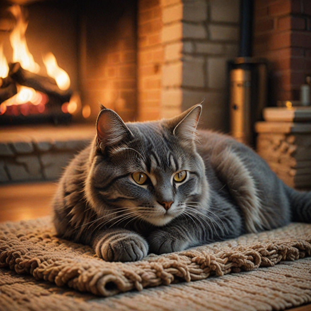 Warm Cozy Scene of a Grey Cat in a Rustic Fireplace Setting