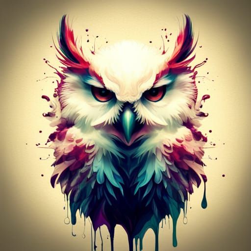 Adorable White Owl Portrait in Inkblot Style