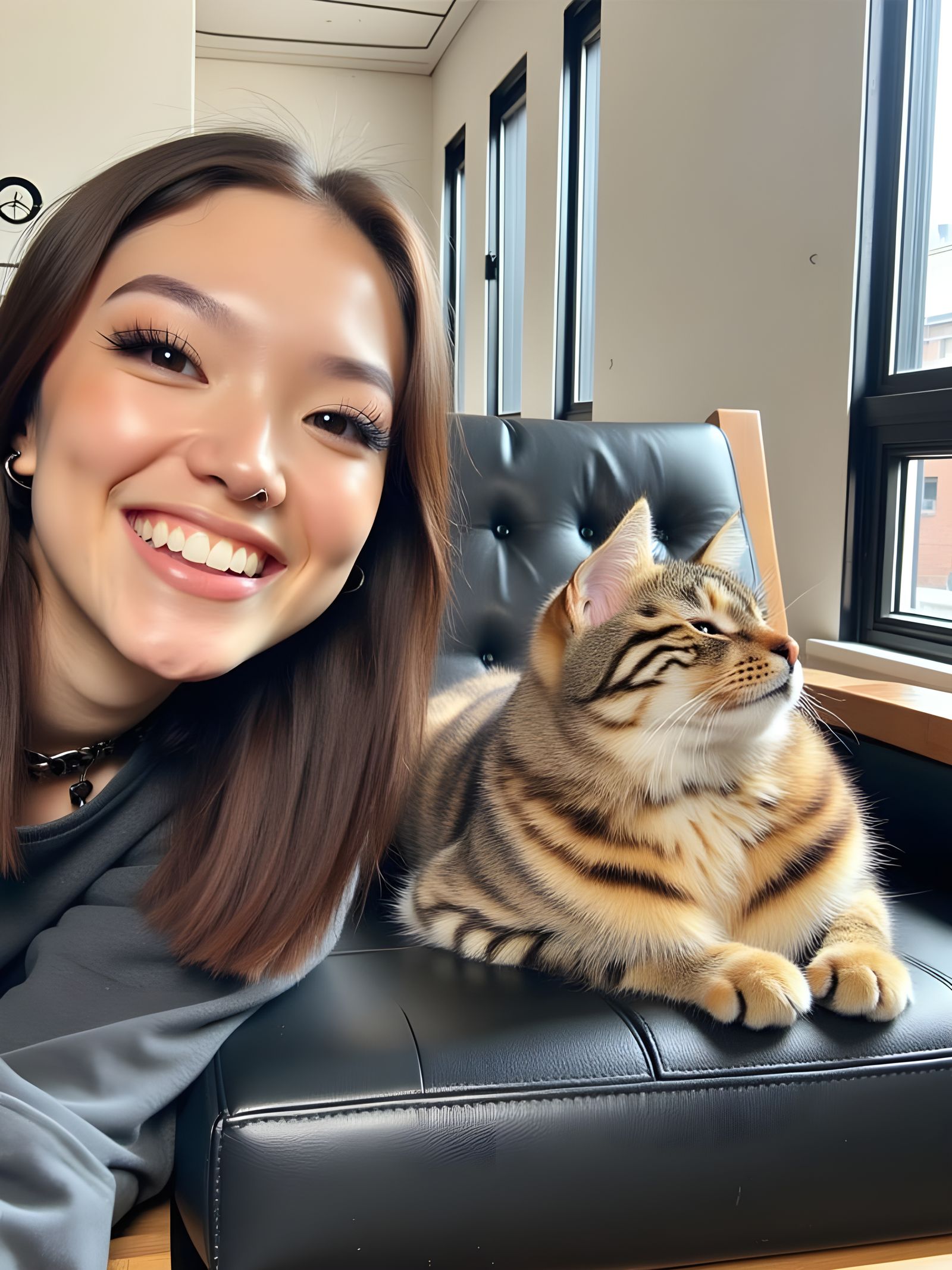 Young Woman in a Modern Living Room with a Serval Cat