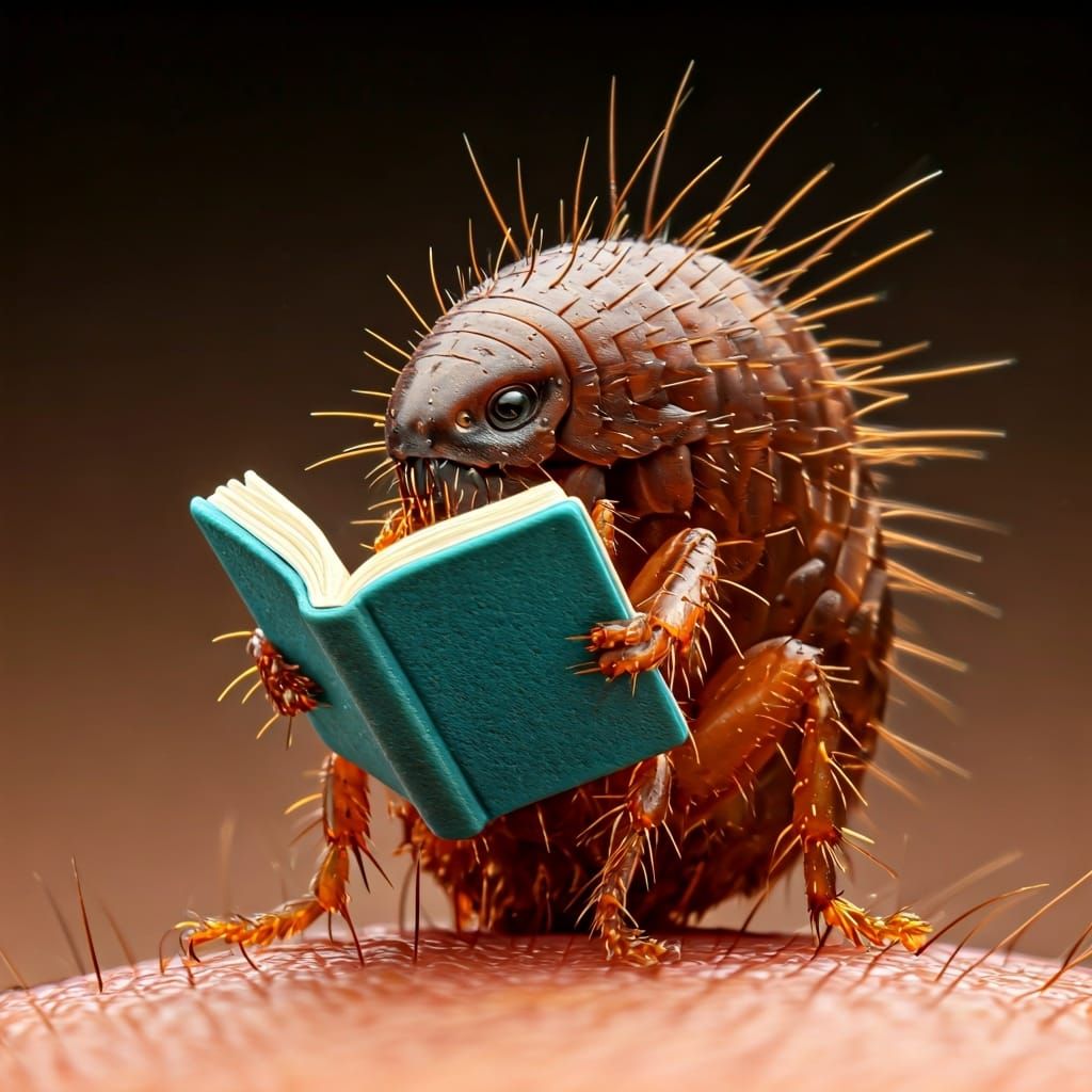 Flea Reading Book: Macro Close-Up View