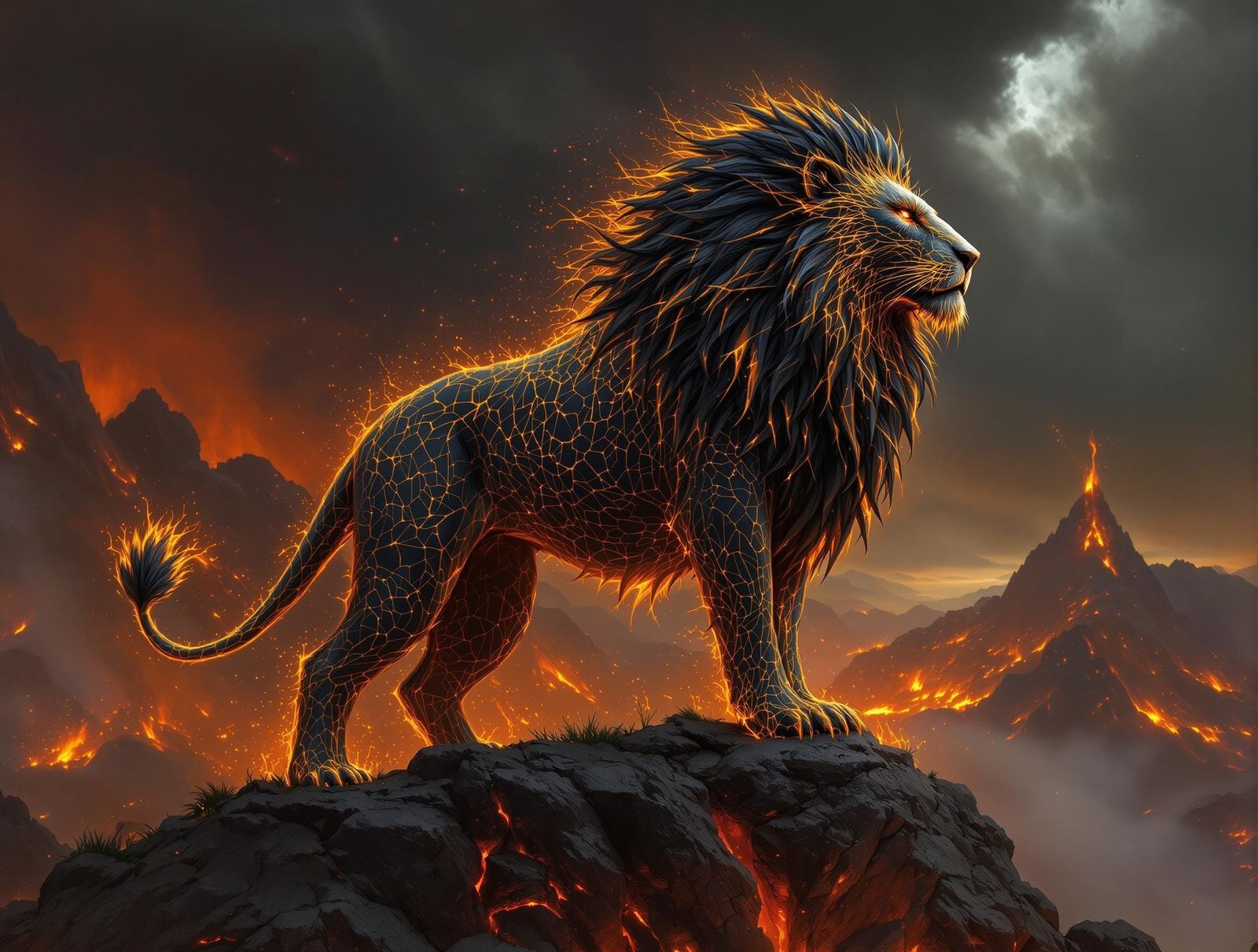 Majestic Lion with Molten Gold Mane on Volcano