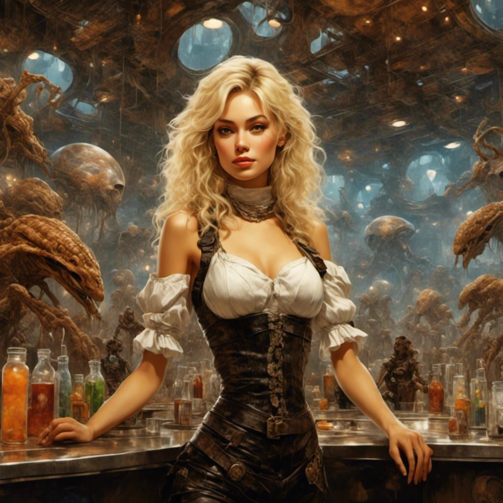 Blonde Bartender in a Space Cafe with Aliens