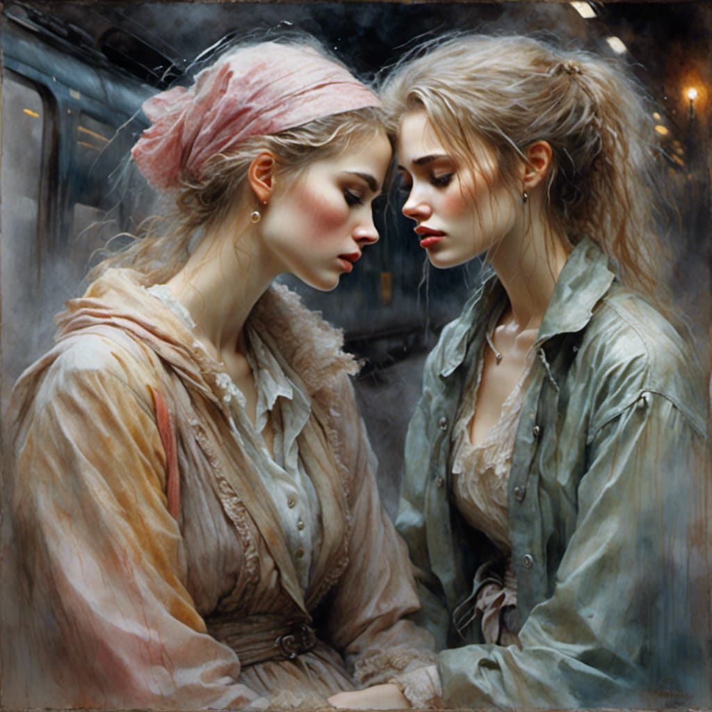 Melancholic Watercolor Portrait at Rainy Train Station