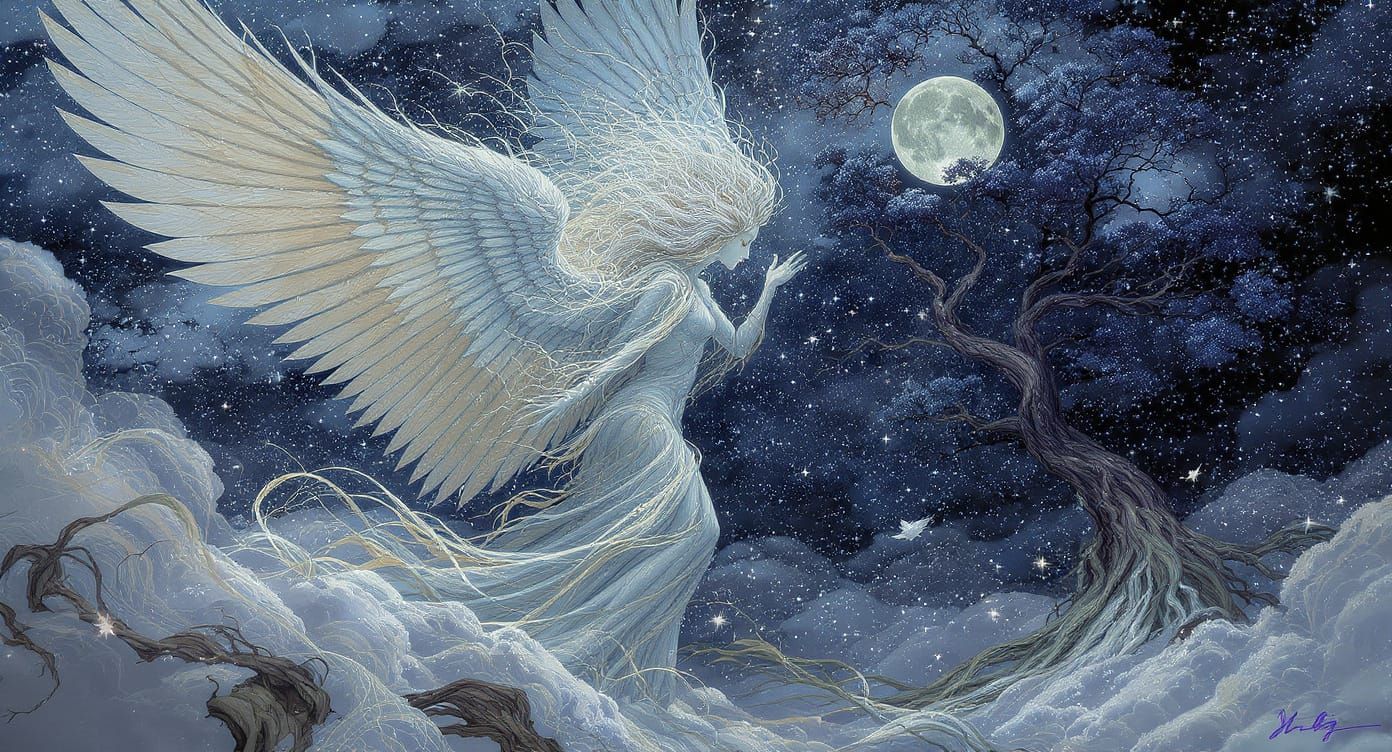 Fantasy Angel Tree Praying to Moon God