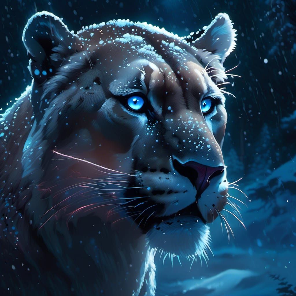 Haunting Cougar Portrait in Bioluminescent Snow