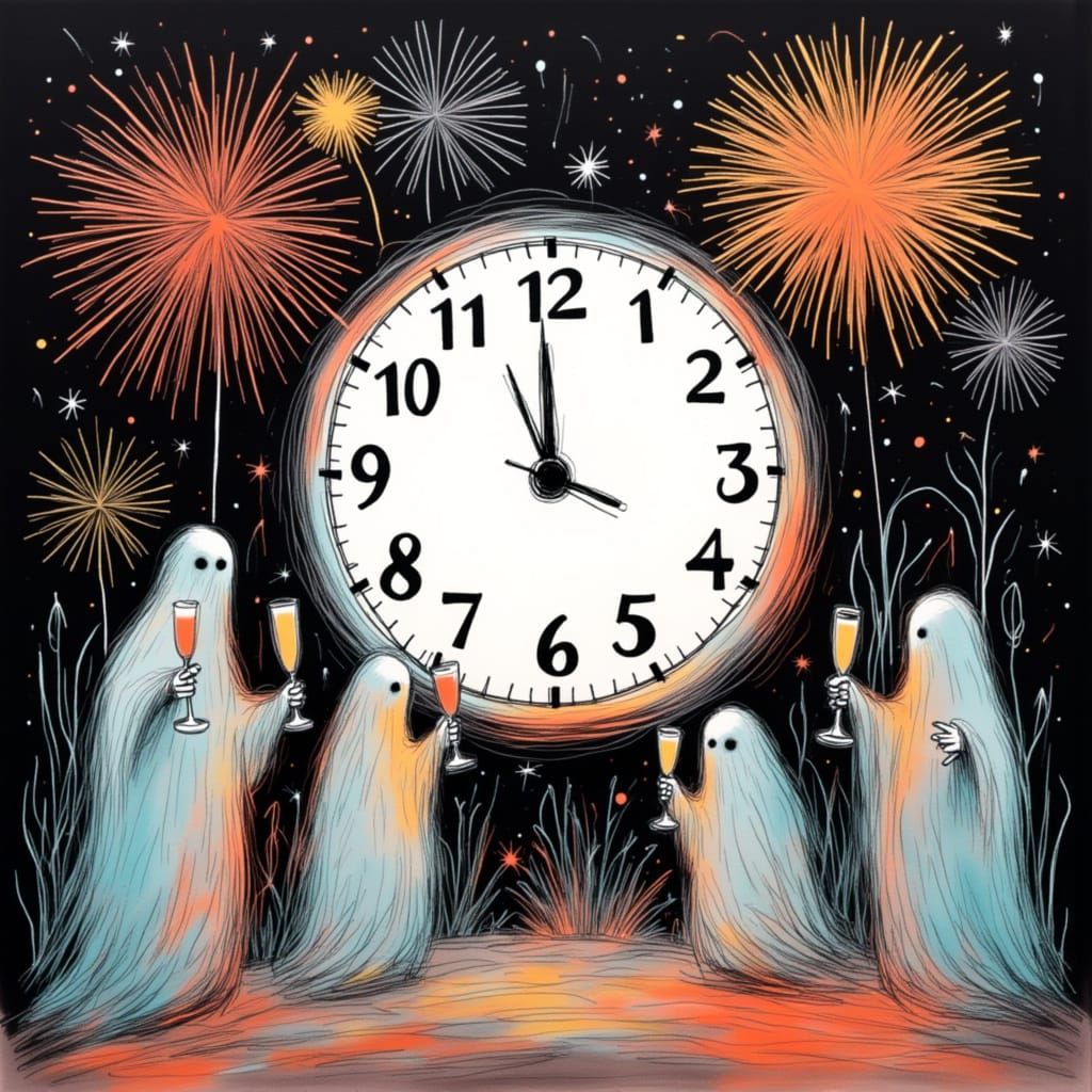 Ghosts Celebrate New Year With Clock and Fireworks