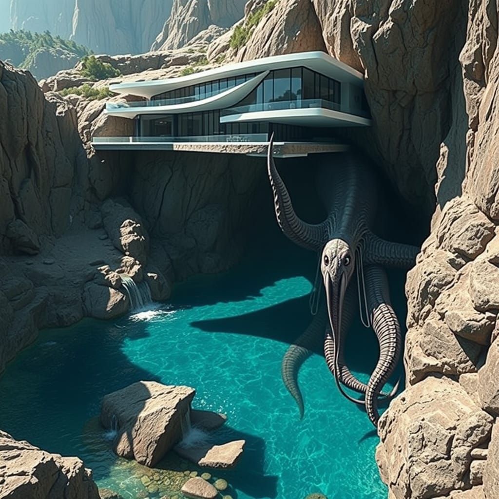 Surreal Modern Cliffside Mansion Illusion Under Threat of Ma...