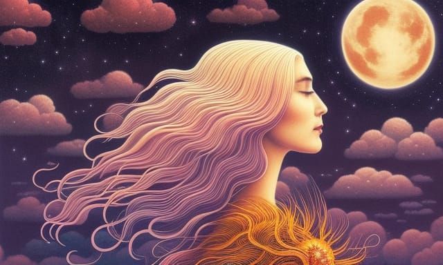 Woman in Surreal Sun and Moon Clouds
