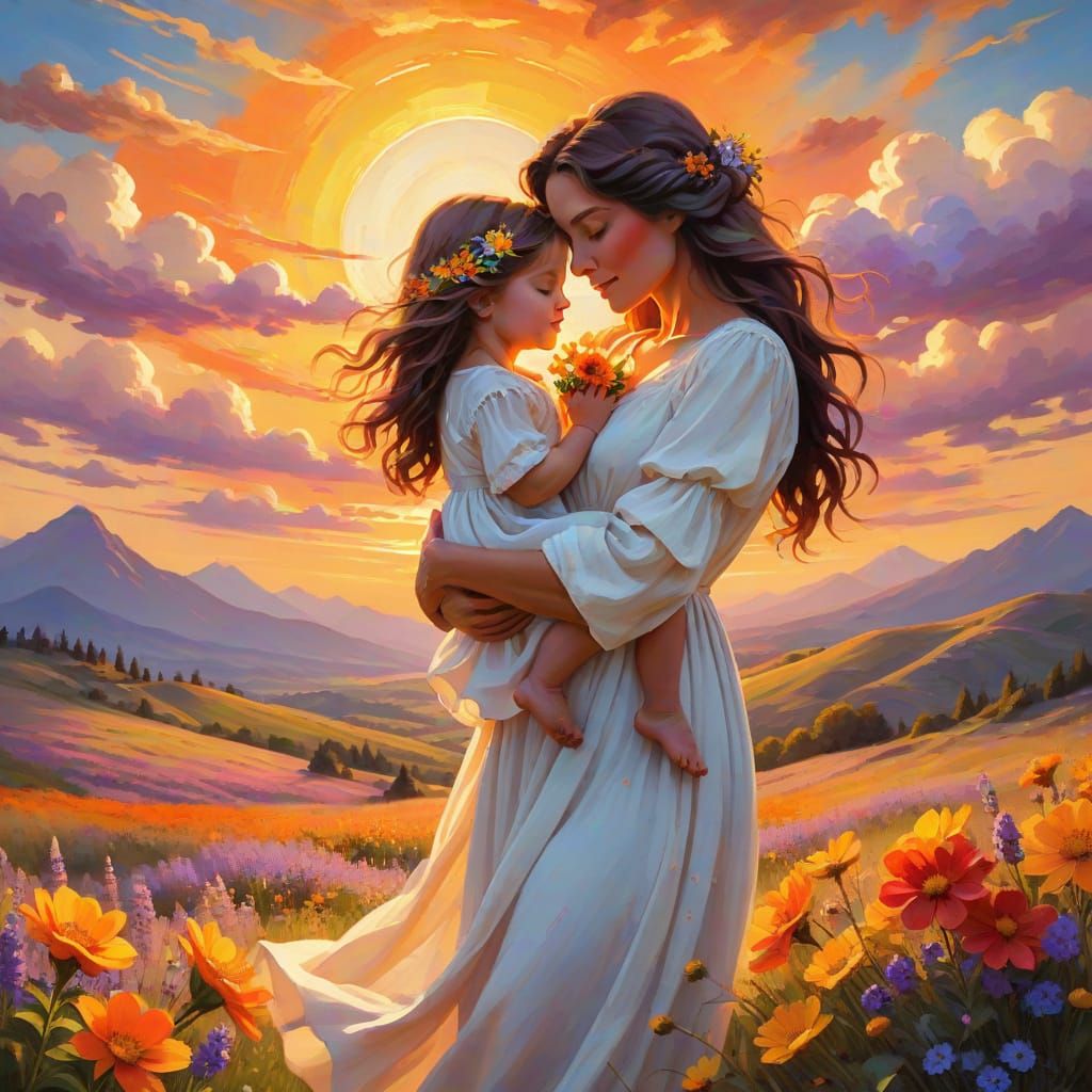 Radiant Mother and Child in Sunset Fantasy Landscape