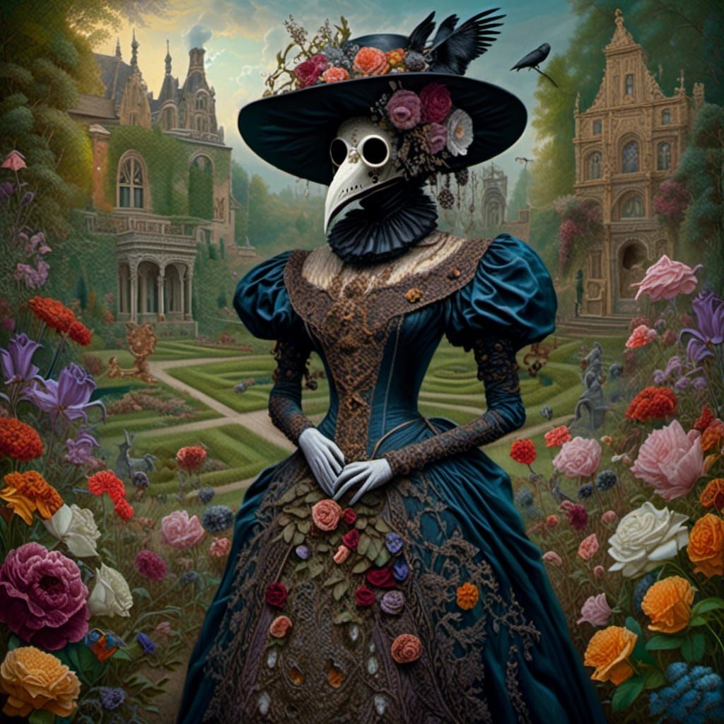 Plague Doctor in Edwardian Dress in Garden