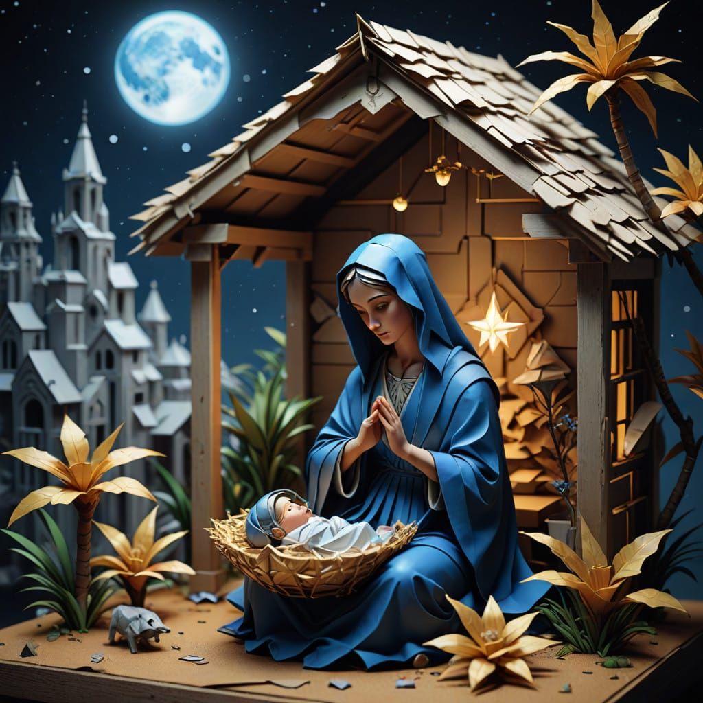 Serene Virgin Mary with Newborn Jesus in Origami Jerusalem