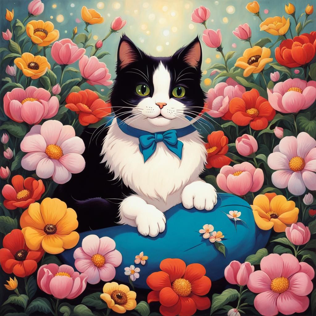 Cute Cat Surrounded by Flowers in Cartoon Style