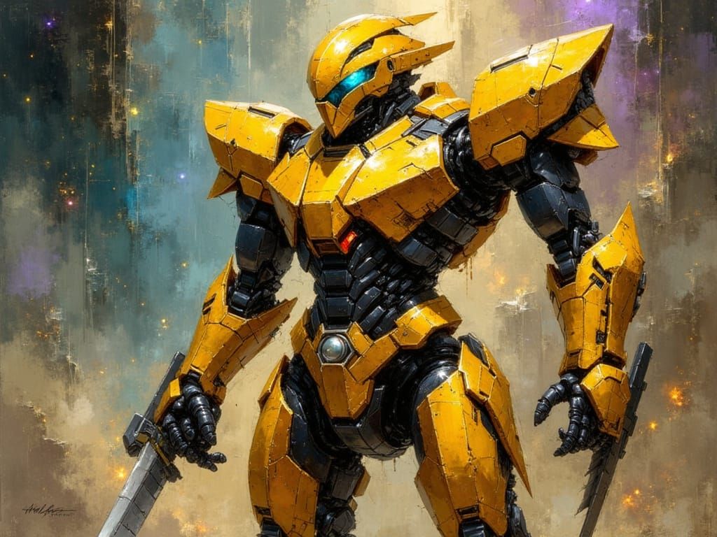 Heroic Gold Mecha Warrior with Kintsugi Cracks