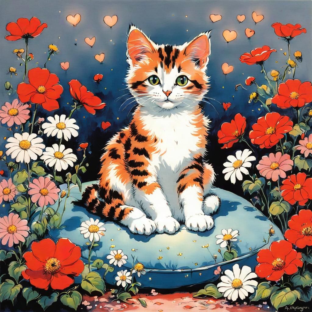 Cute Cat Surrounded by Flowers in Comic Style
