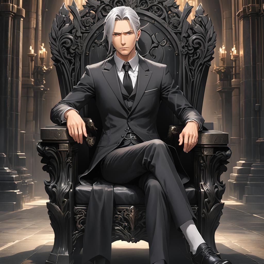 Anime Style Silver-Haired Man on Throne