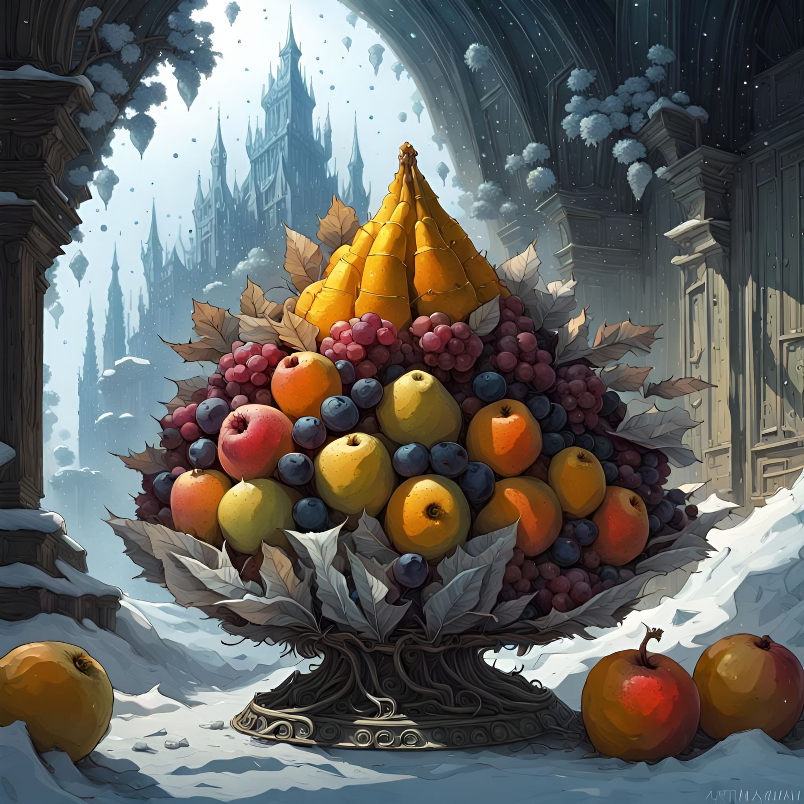 Crystallized Fruit Cornucopia in Sharp Metal Environment
