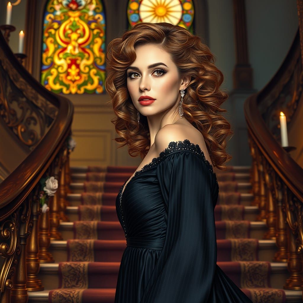 Elegant Woman in Baroque Setting with Golden Glow