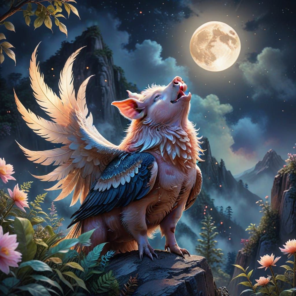 Pig Eagle Howling at Moon, Watercolor Fantasy Art