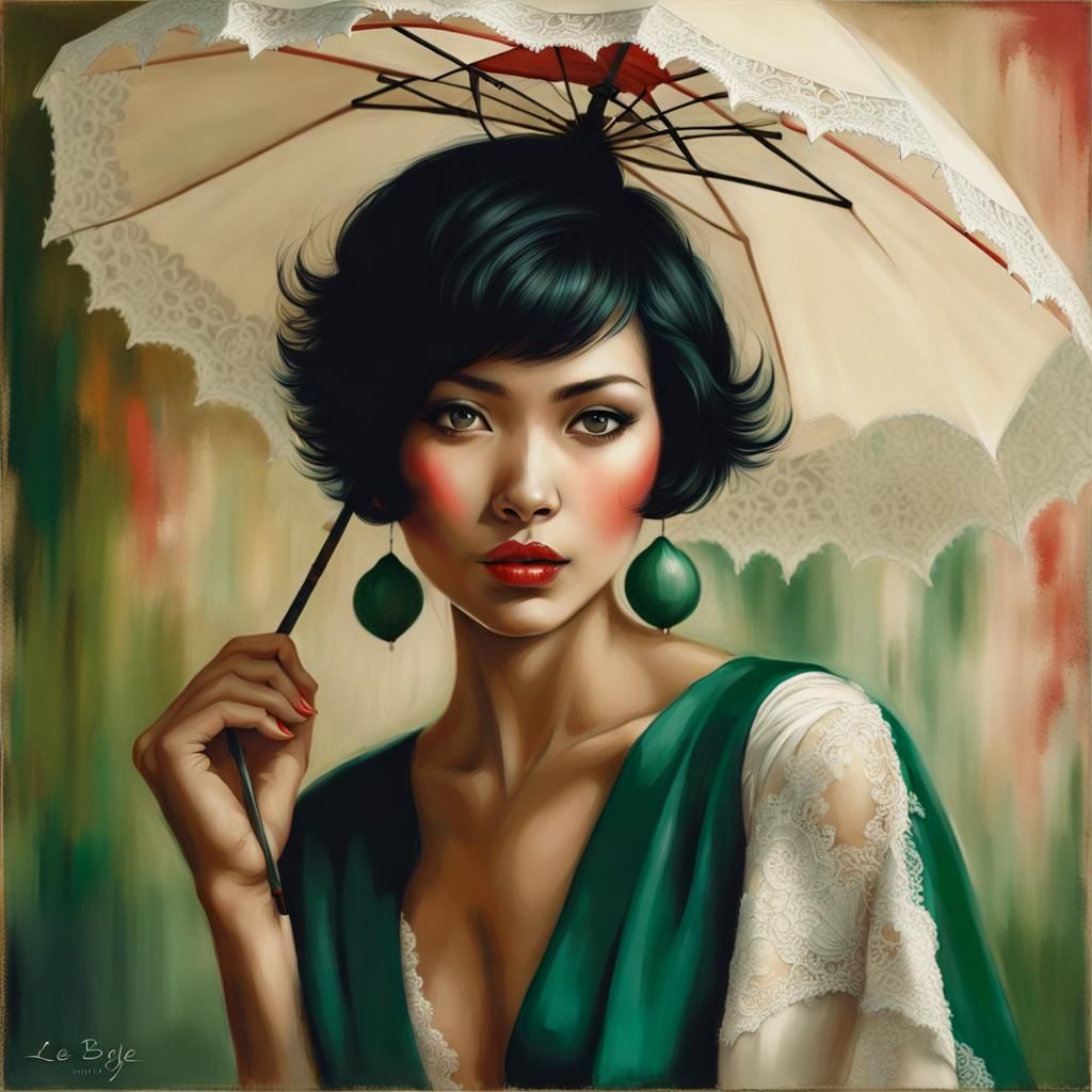 Portrait of Balinese Woman with Lace Umbrella