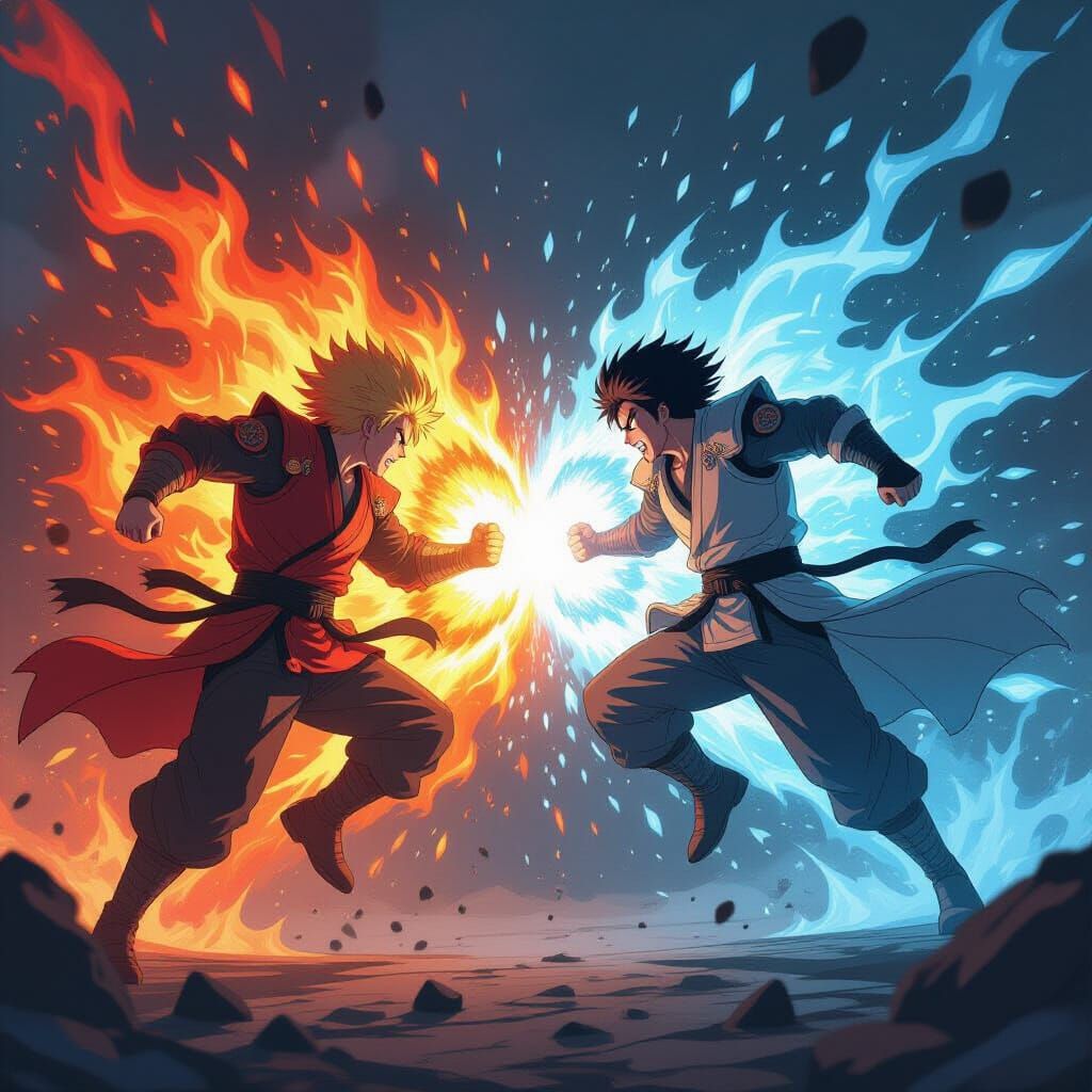 Fiery vs. Icy Duel in Dynamic Anime Battle Scene
