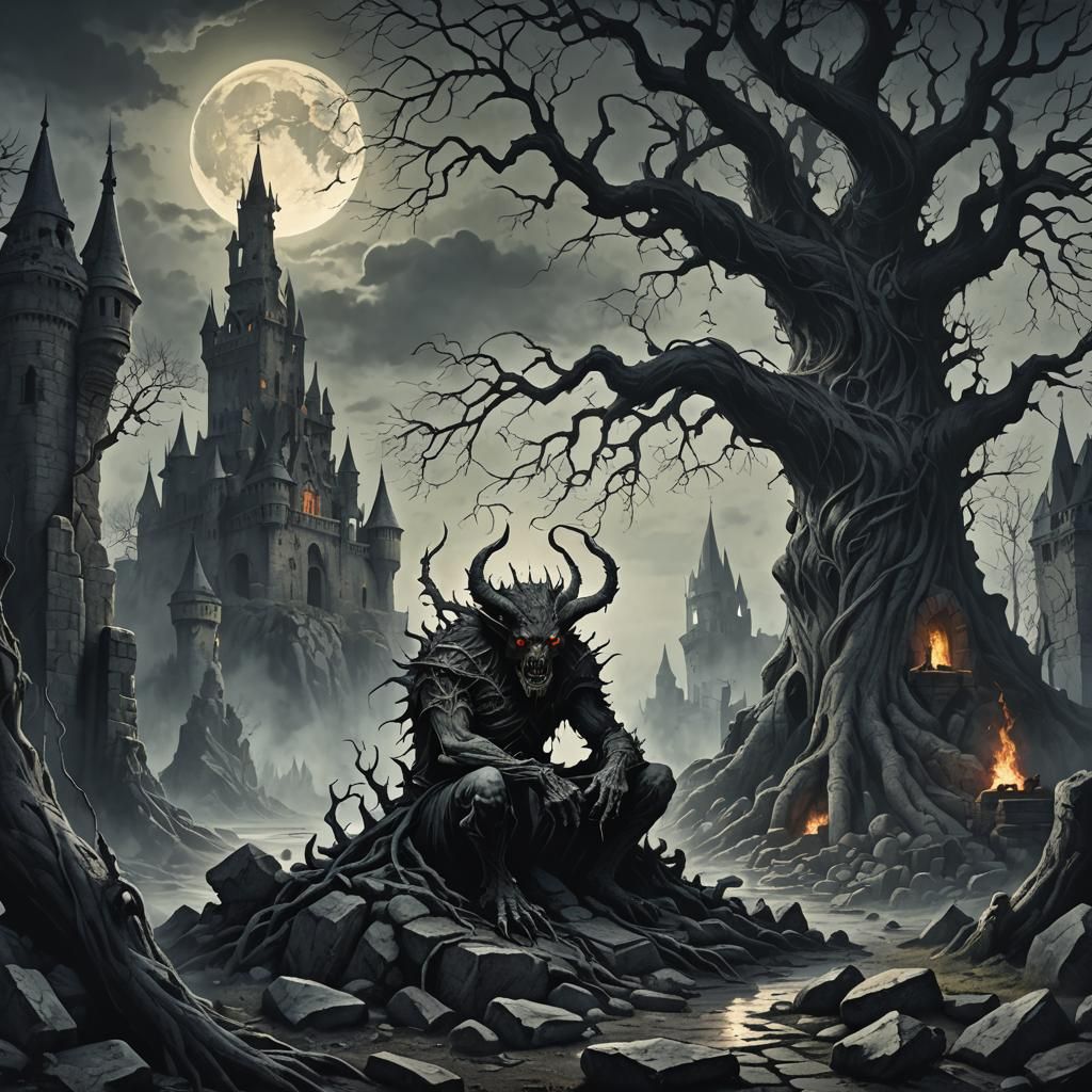 Demon Sits Atop Crumbling Castle: Dark Fantasy Art