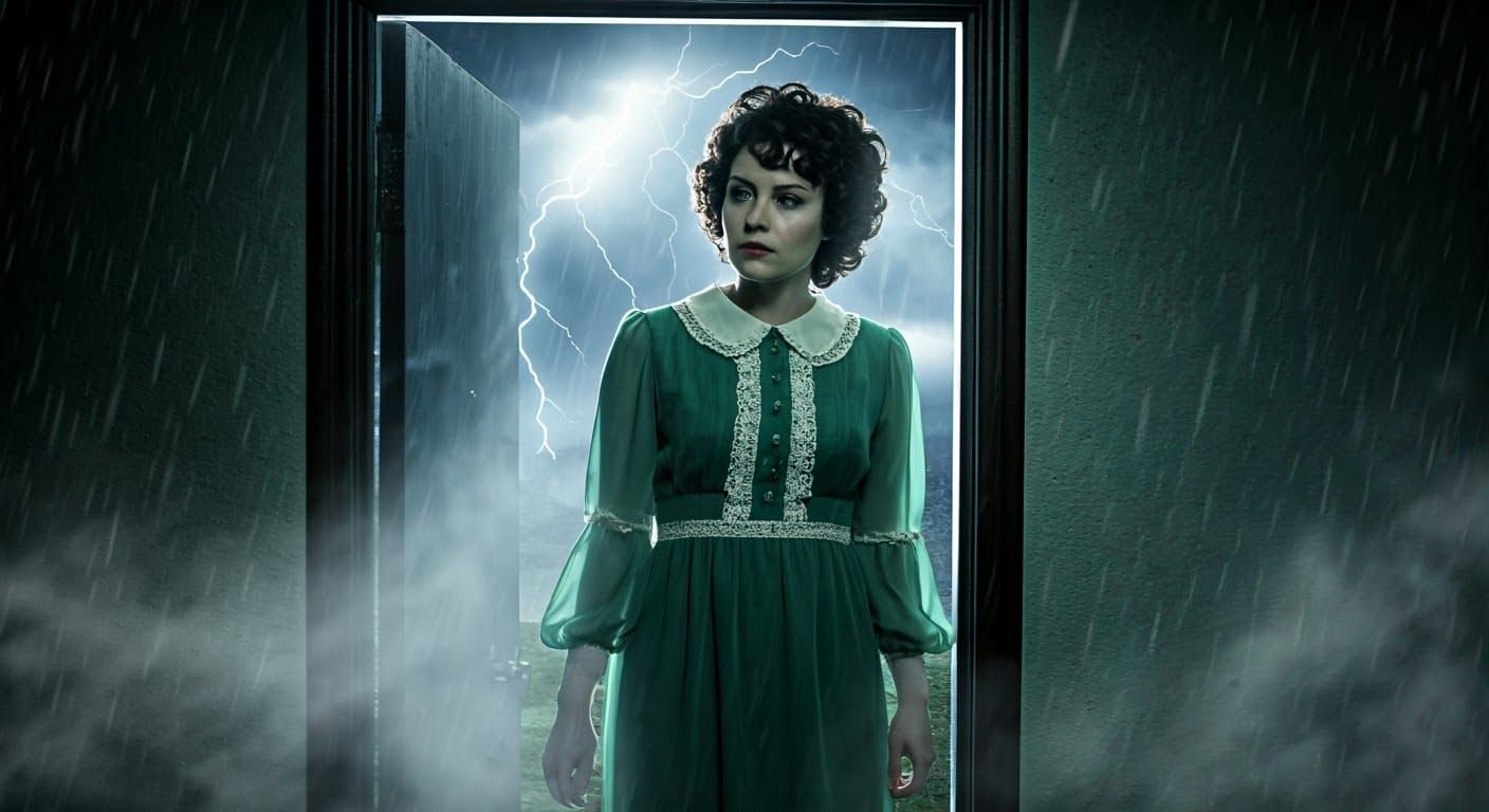 Eerie Woman in Welsh Cottage: Retro Horror Film Still