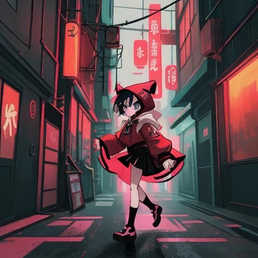 Anime Girl in Red Hoodie: Retro Cyberpunk Night