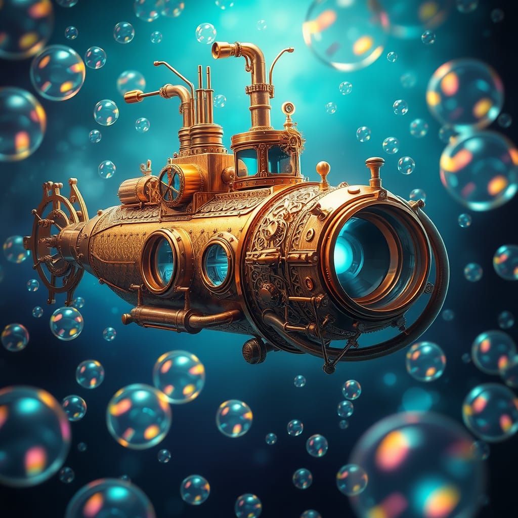 Steampunk Submarine Navigating Ocean of Bubbles