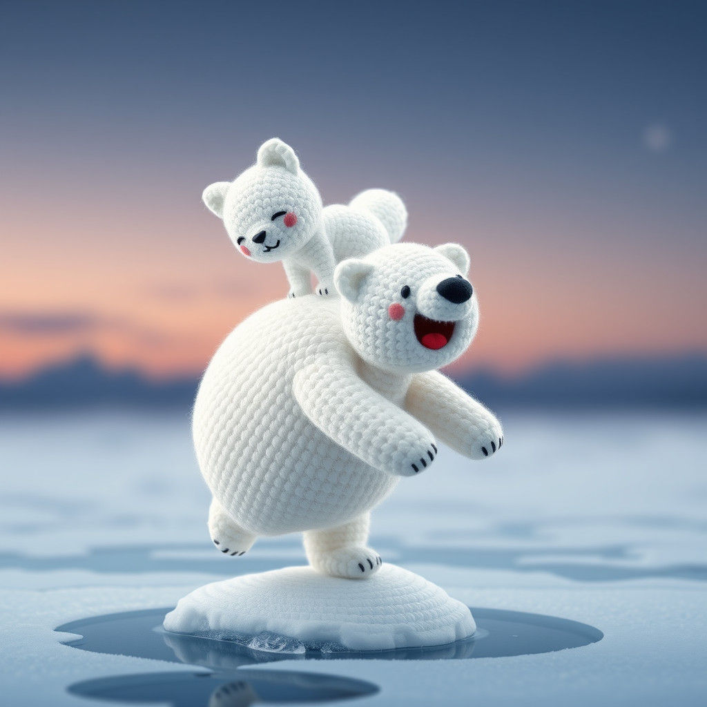 Crochet Arctic Fox Leaping from Polar Bear