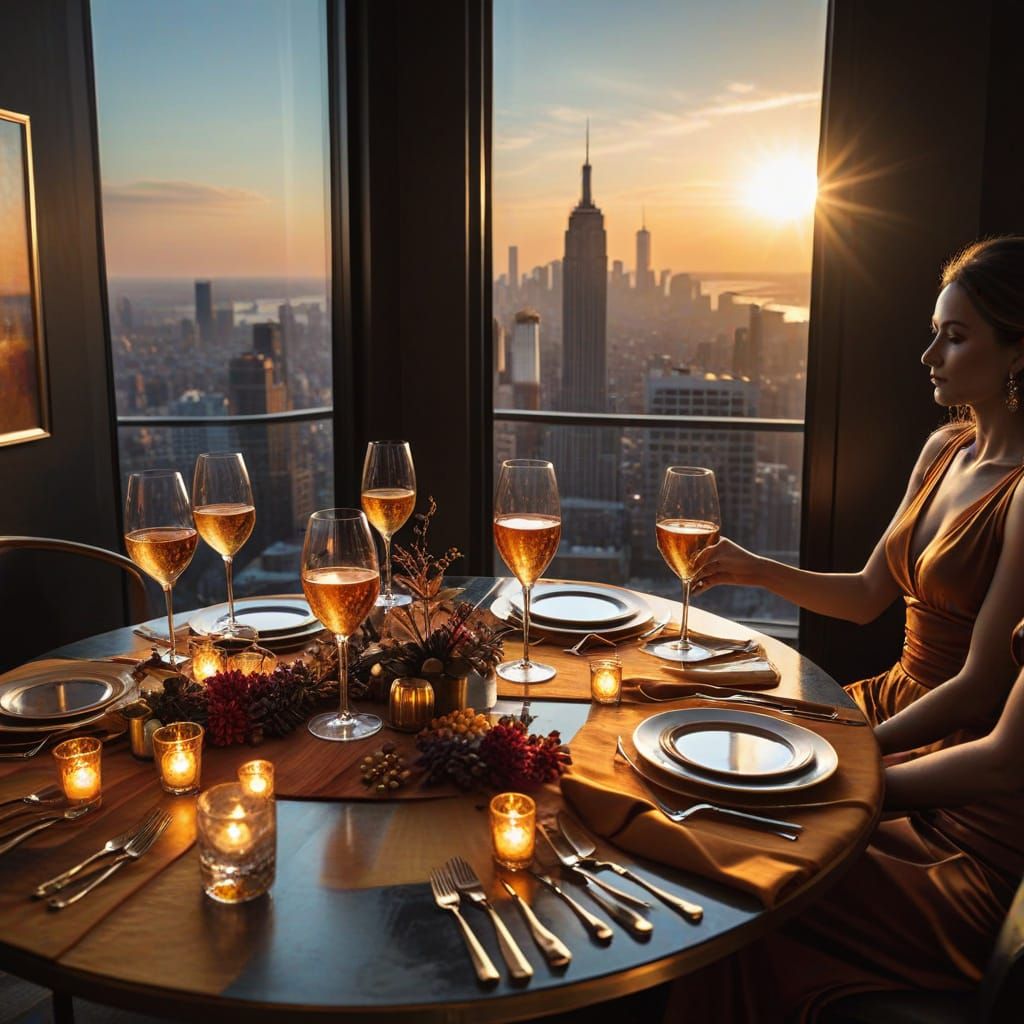 Luxurious Penthouse Party at Sunset in Vibrant Oil Painting ...