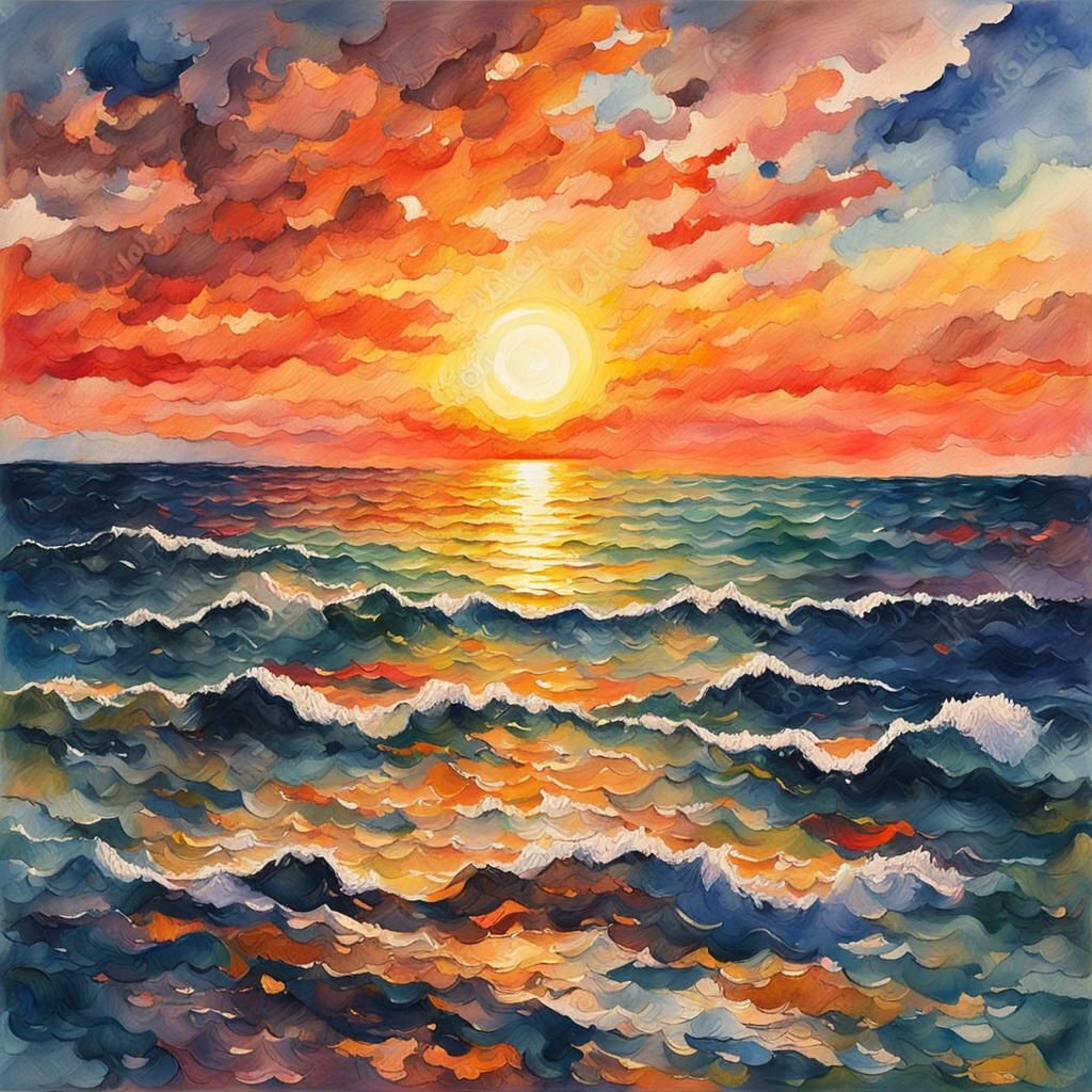 Impressionist Sunset Over Ocean in Gouache Style