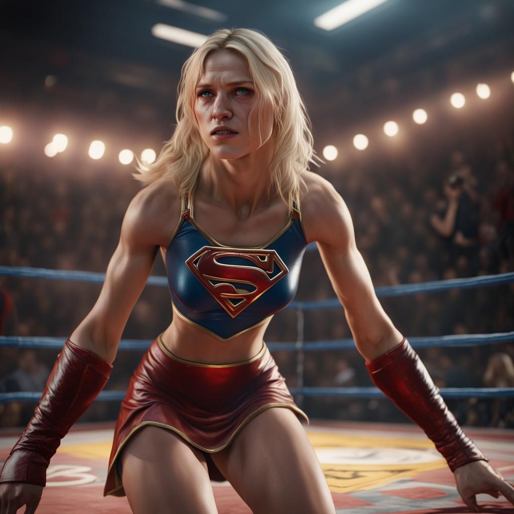 Defeated Supergirl in Wrestling Ring: Fantasy Concept Art