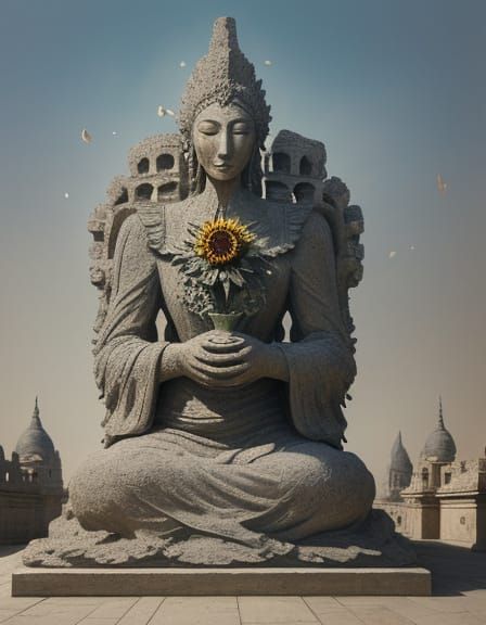 Stone Sunflower Statue Holds Figure in Dreamlike Light