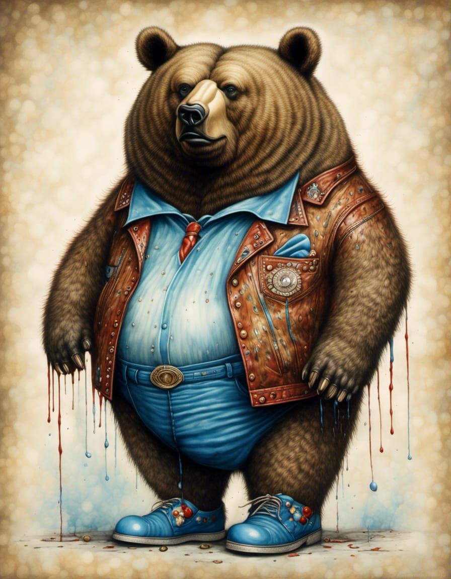 Obese Bear Elvis Portrait in Cartoon Style