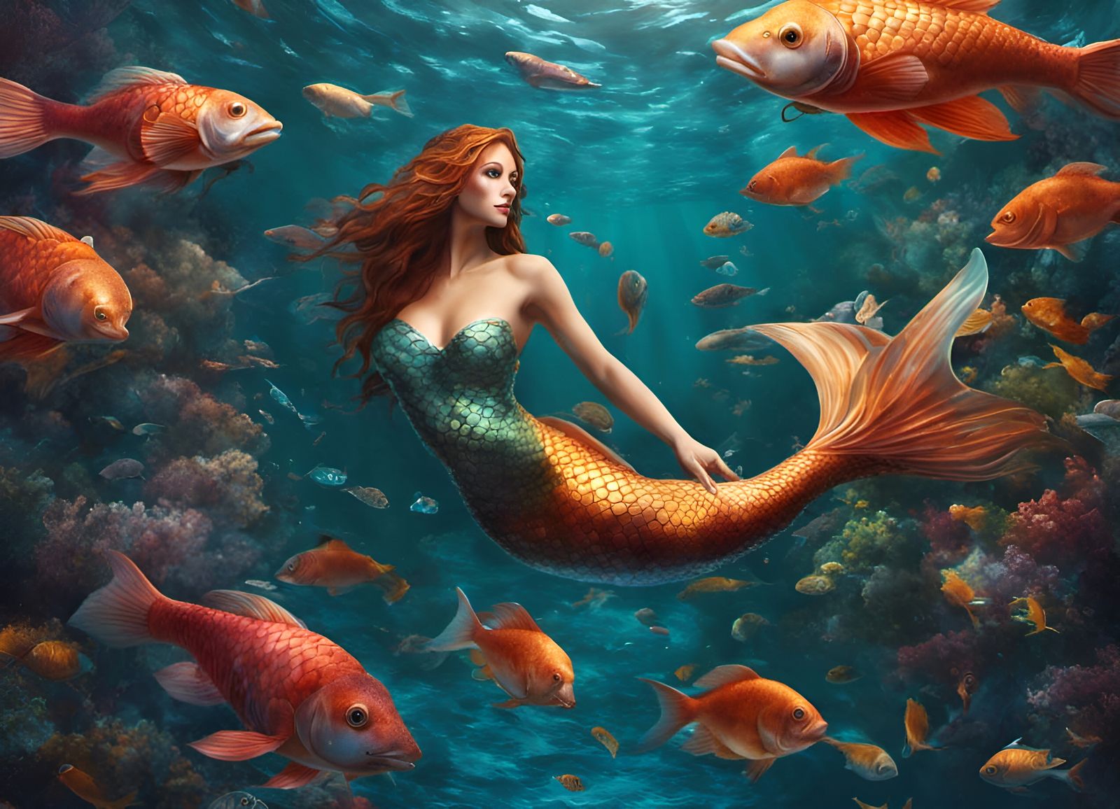 Hyperrealistic Mermaid Gliding Underwater with Fish