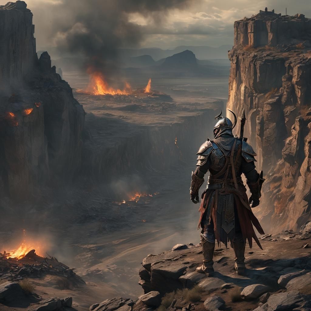 Epic Warlord Overlooking Desolate Wasteland