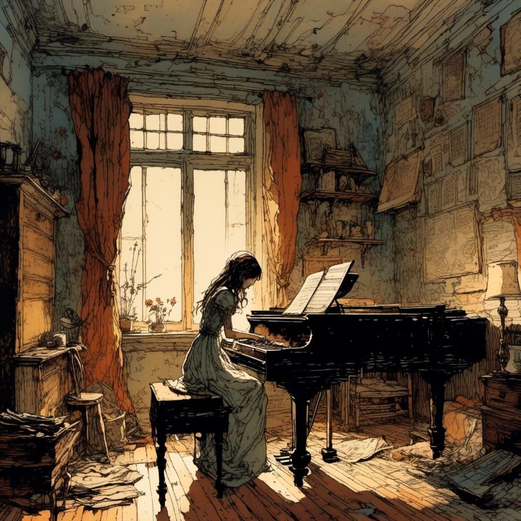 <lora:Shaman Ink:1.0>8k, scene of a girl playing piano in he...