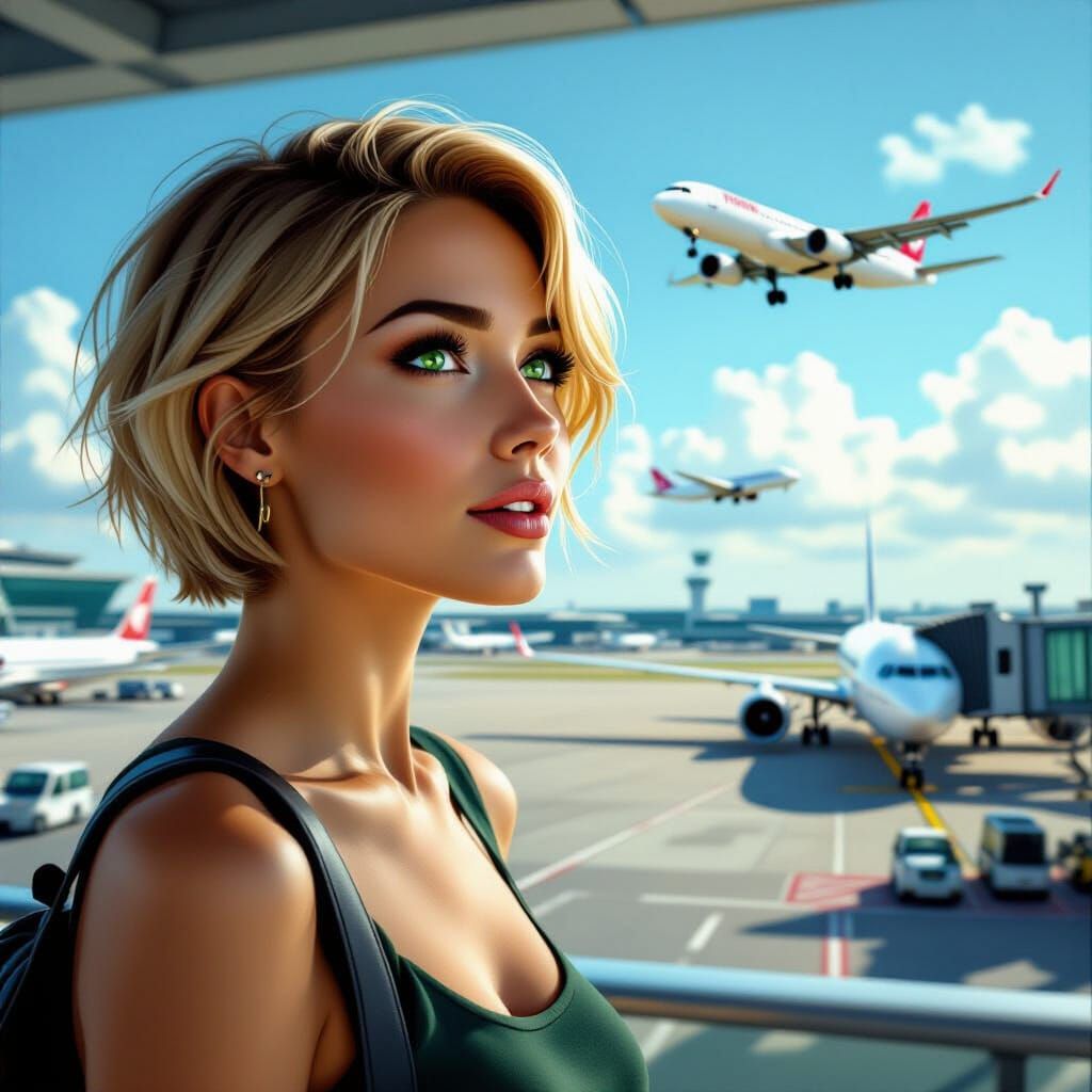 Woman Anticipating Arrival at Airport Terminal
