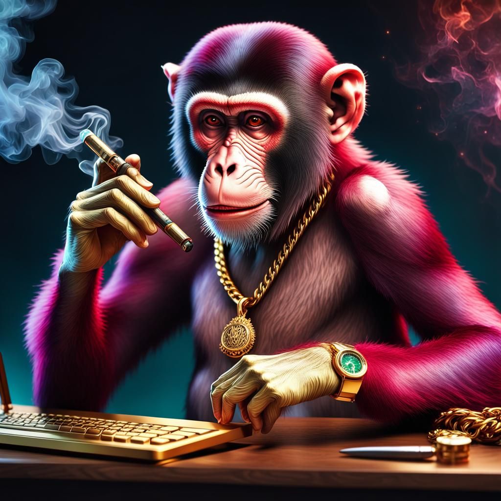 Mafia Boss Leading Monkey Smoking Cigar At His Desk