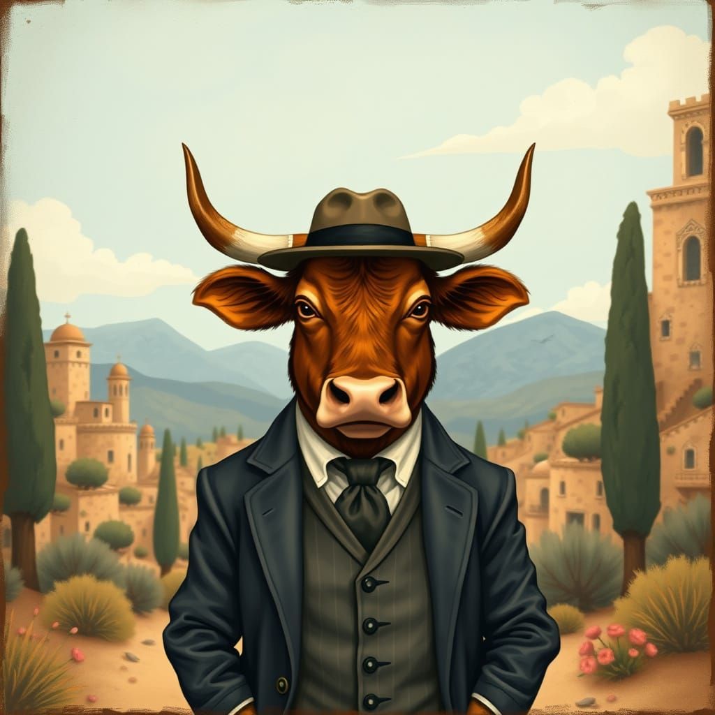 Dapper Bull in Spanish Landscape, Beatrix Potter Style