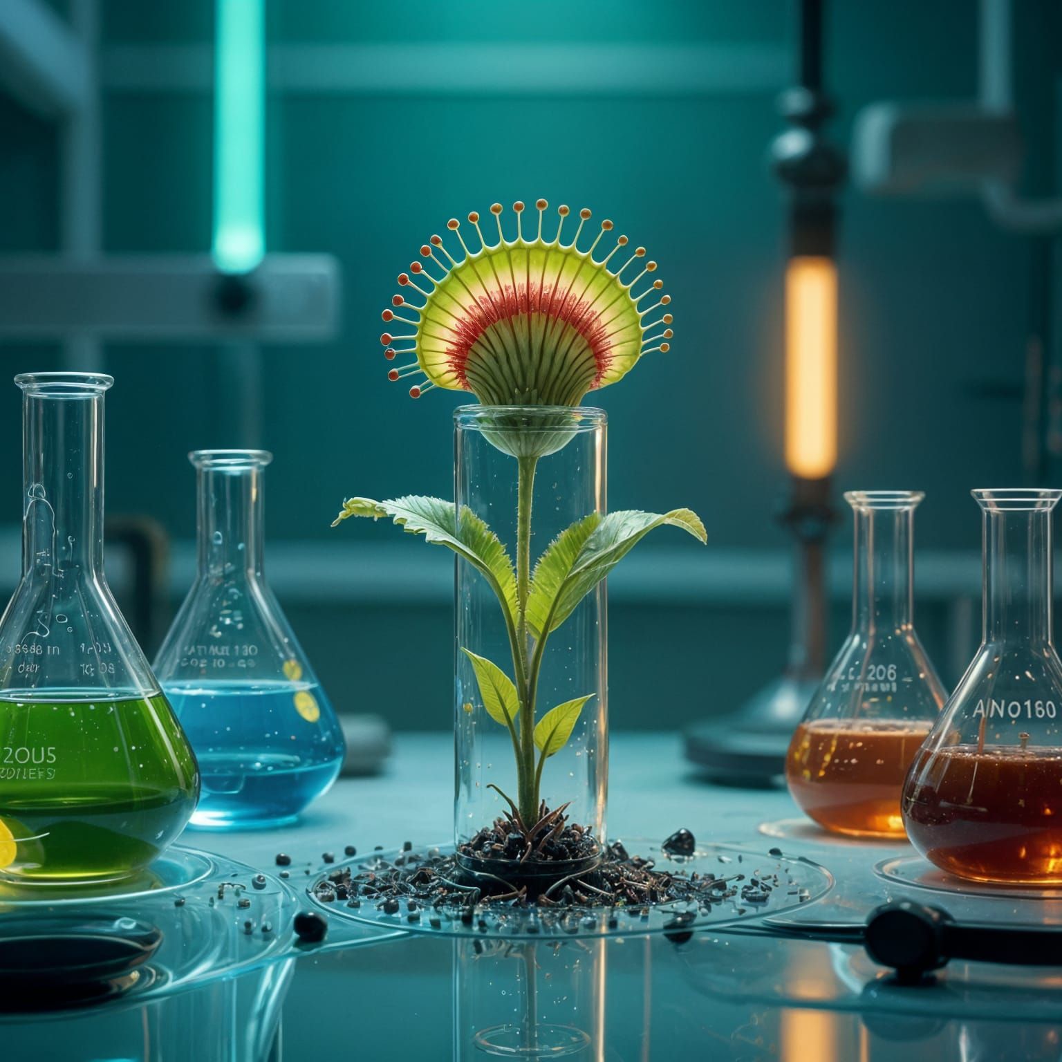 Venus Flytrap in Futuristic Lab, Digital Illustration